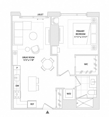 Floor plan for 1 bed, 1 bath, 770 sqft